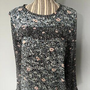 LOFT Blue Floral Mixed Media Long Sleeve Ruffle Blouse Top Shirt Med Button back
